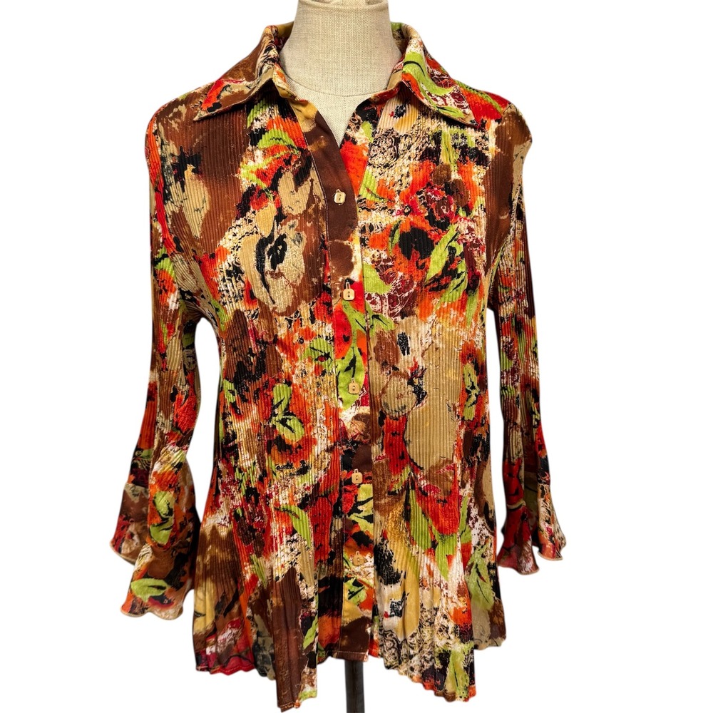CATO M Orange Floral Crinkle Pleated Shirt Blouse Top Flare Sleeve Boho Hippie